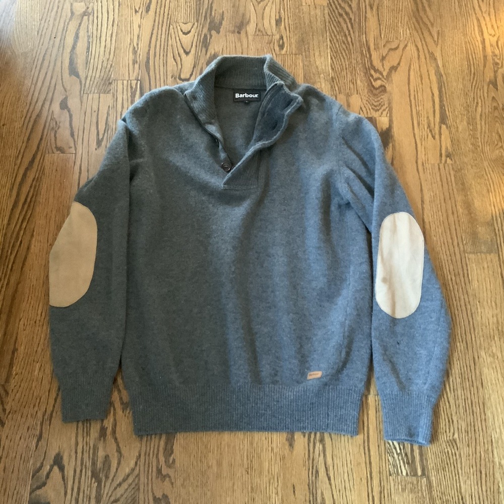 Men Barbour‎ Chunky Wool Sweater S Half Button Zip Gray Jumper Leather Detail